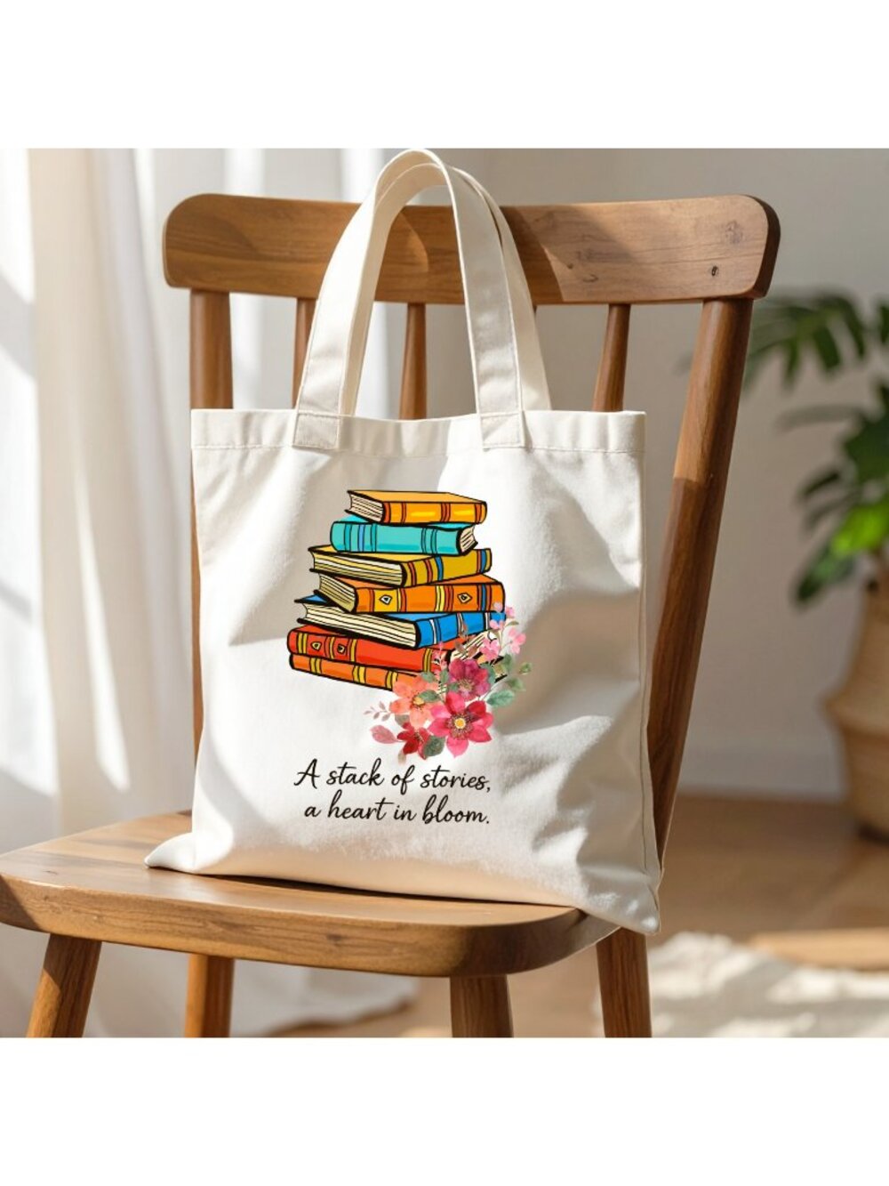 Book Lover Floral Tote Bag A Stack of Stories a Heart in Bloom Literary Gift